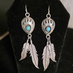 Navajo Turquoise Sterling Bear Paw Earrings Stamped RB Sterling